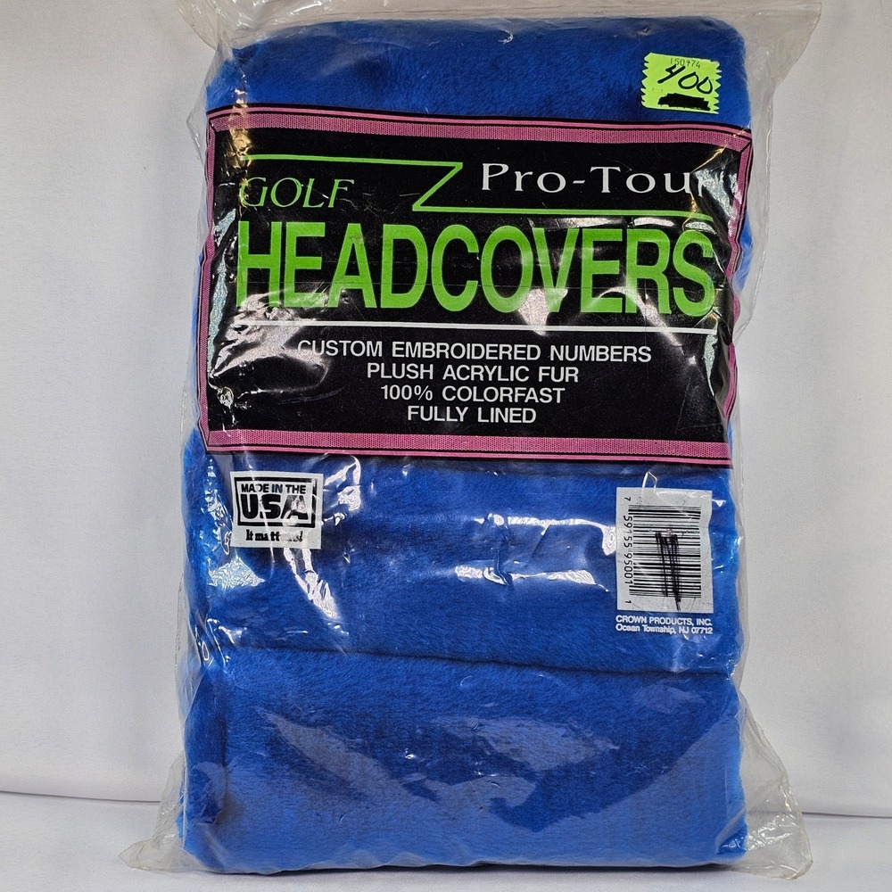 Vtg Crown Products Pro-Tour Golf Headcovers Blue Plush Acrylic Fur Made USA New